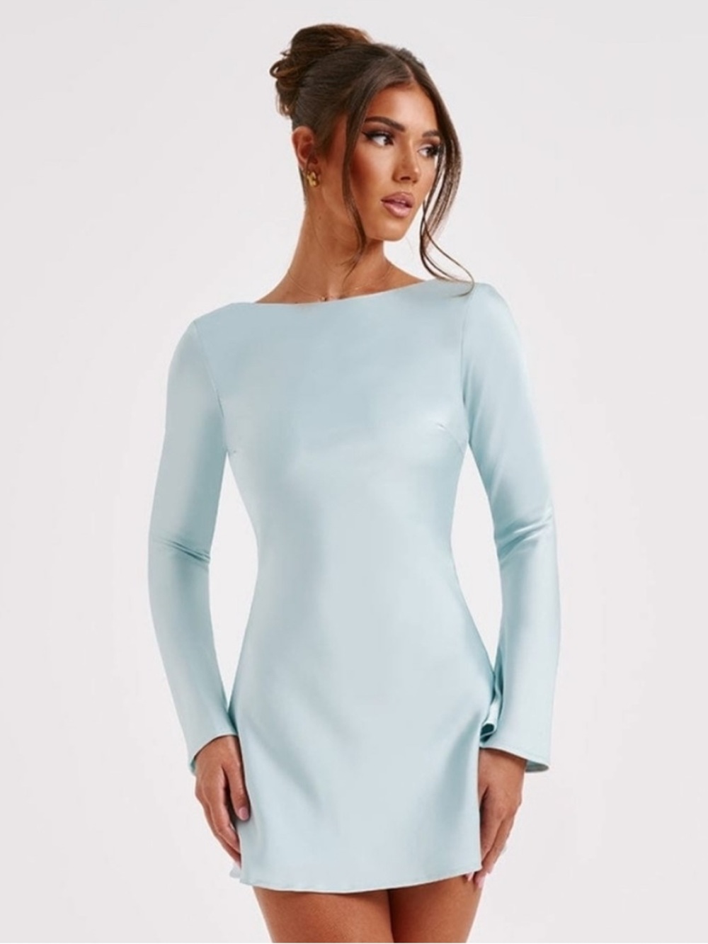 Babyboo Bambi Long Bell Sleeve Low Back Satin Turquoise Mini Feminine Dress Sz S - Picture 2 of 2